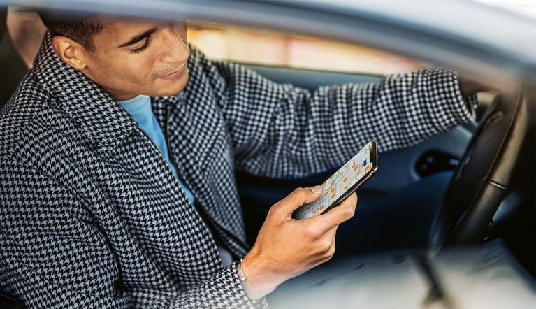 Man uses smartphone