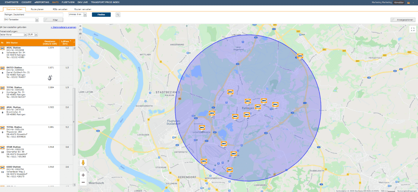 DKV Maps pokazuje wszystkie stacje w Twoim bieżącym zasięgu. 