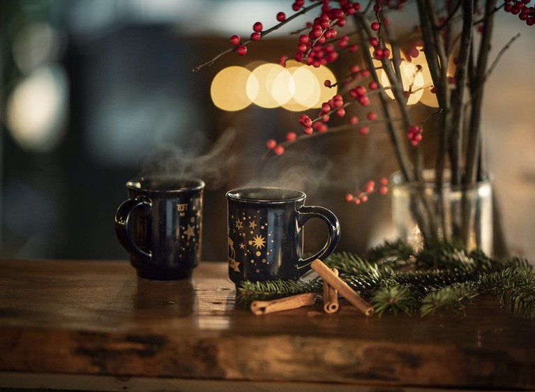 Weihnachtlich geschmückter Tisch mit Lichterketten