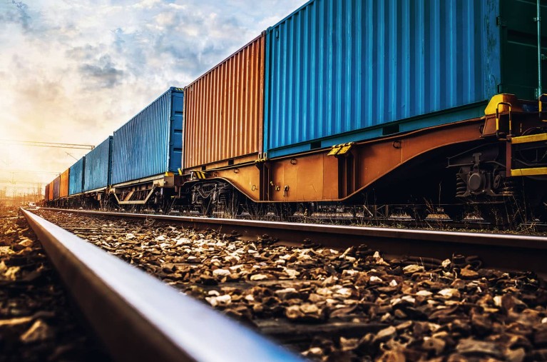 Rolling road, cargo train on rails