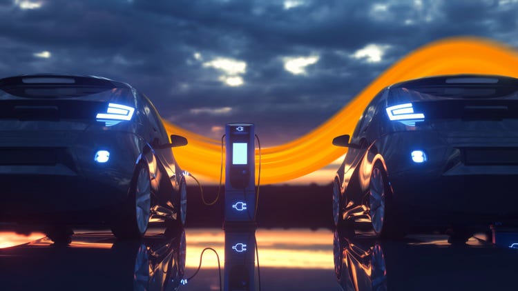 Electric cars charging at a charging station. 3d rendering.